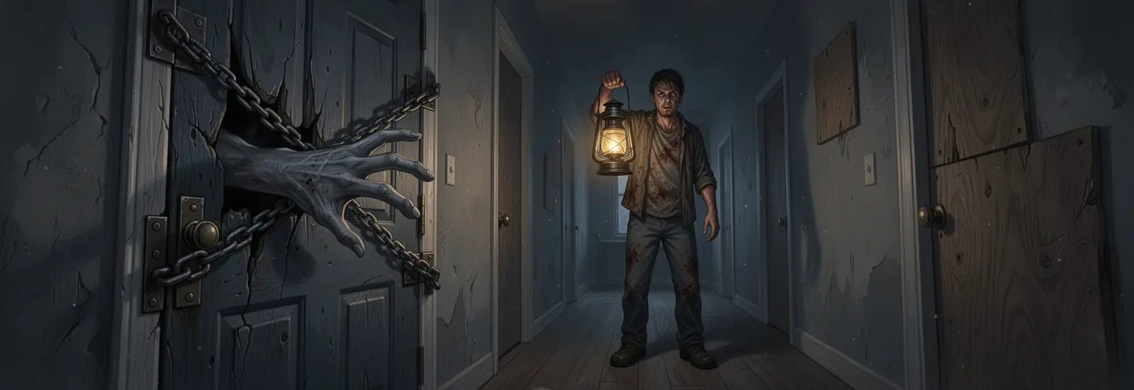 Deadlight artwork: a survivor with a lantern in a chained-up hallway