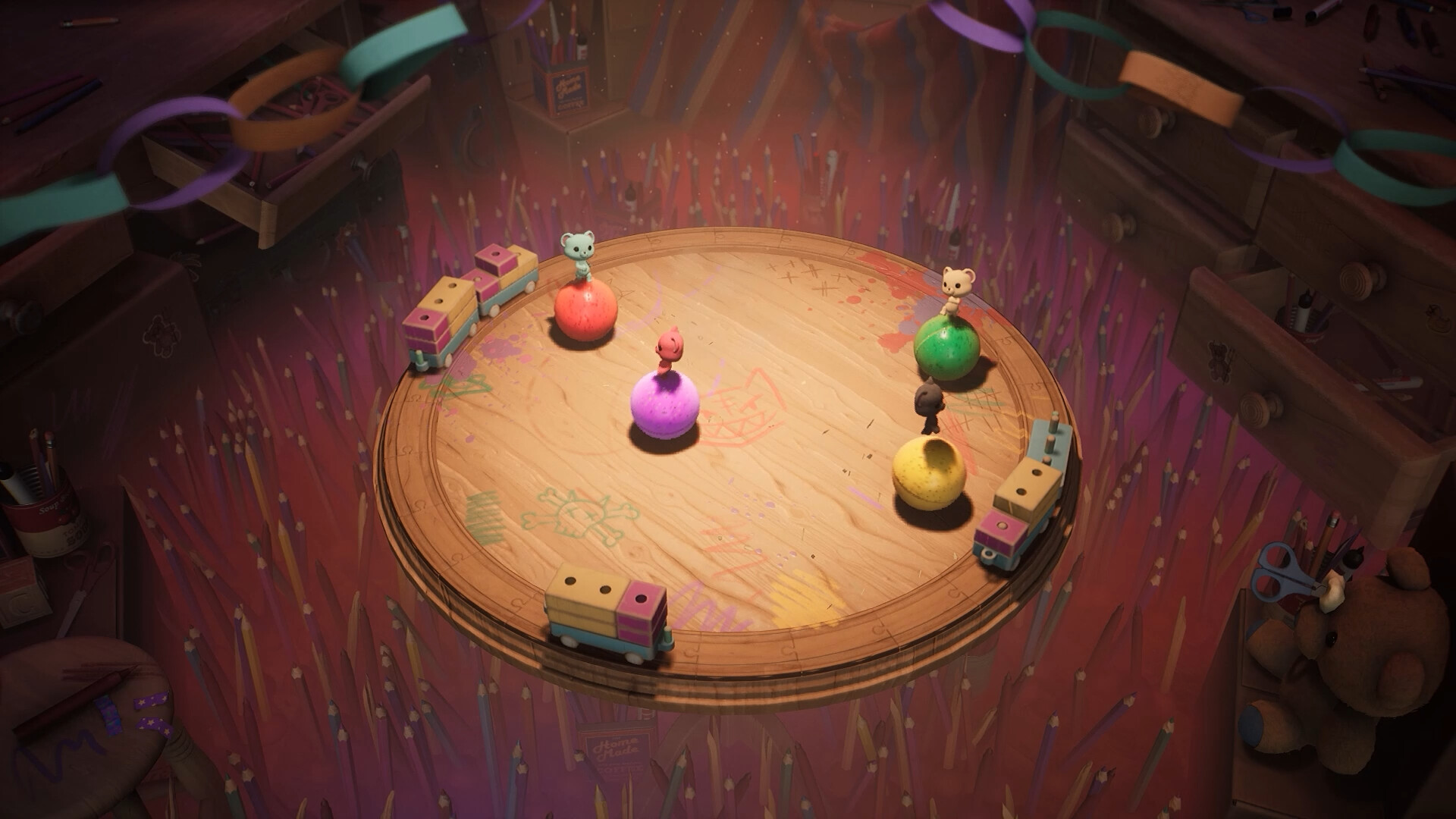 Forgotten Playland sfeerbeeld met kleurrijke speelgoedpersonages