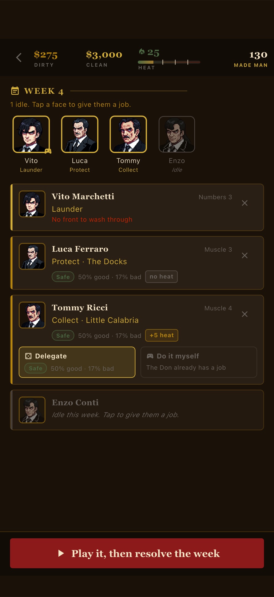 La Famiglia screenshot of the weekly crew assignment