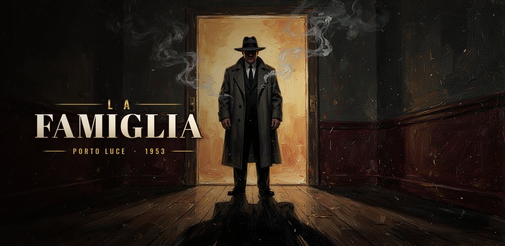 La Famiglia artwork: a man in a hat and trench coat in a lit doorway