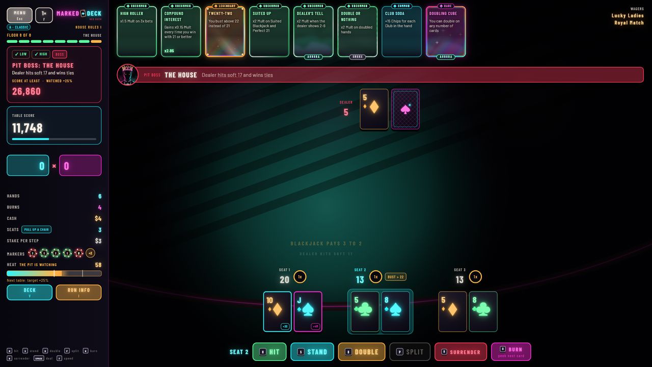 Marked Deck screenshot with three seats at the table