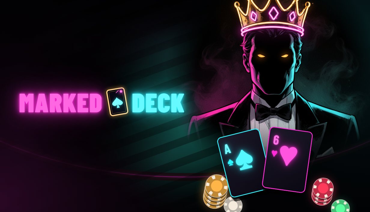 Marked Deck key art: a neon dealer in a crown with marked cards and chips