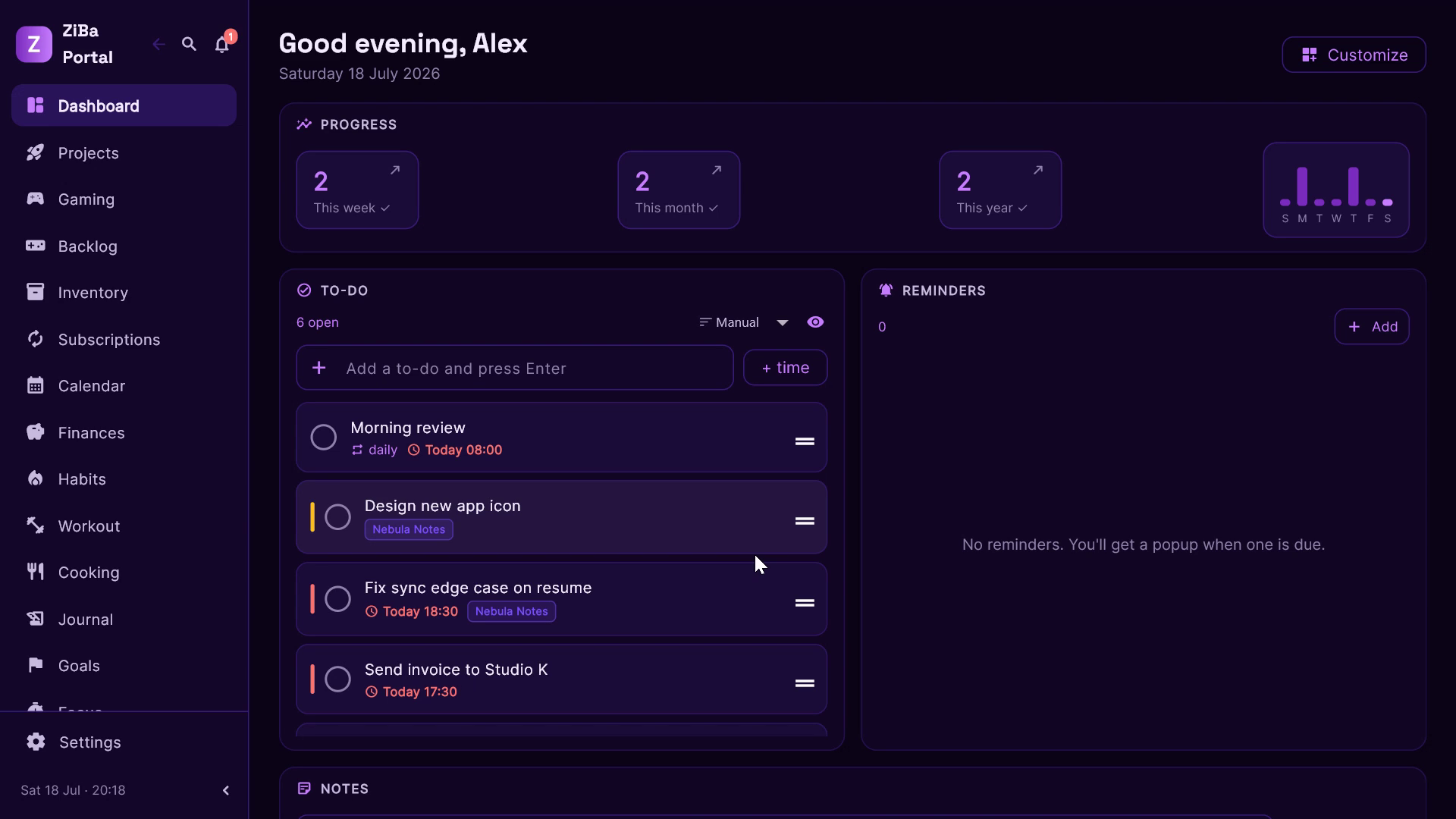 ZiBa Portal dashboard