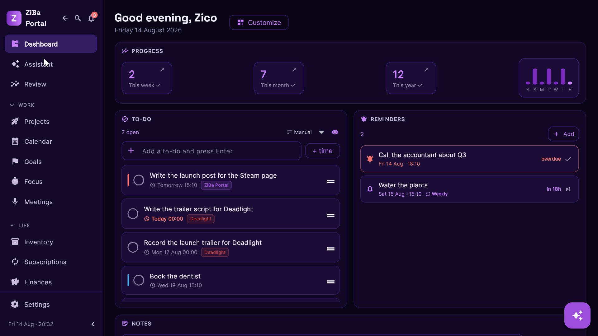 ZiBa Portal dashboard
